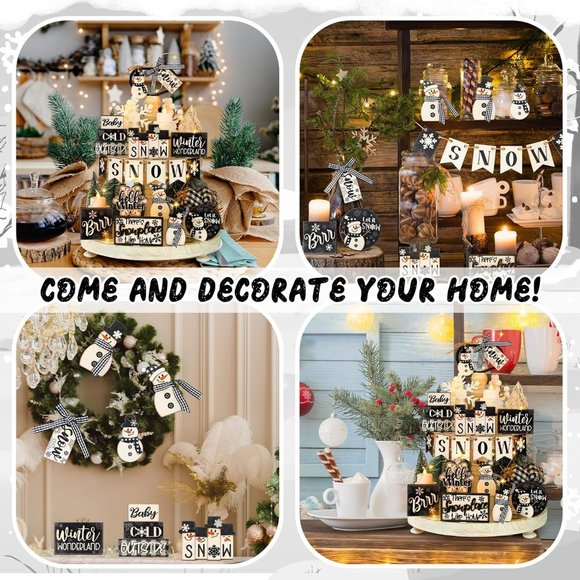 24 Pcs Black White Distressed Style Set Let It Snow Snowflake Wooden Tray Decor - Picture 6 of 7